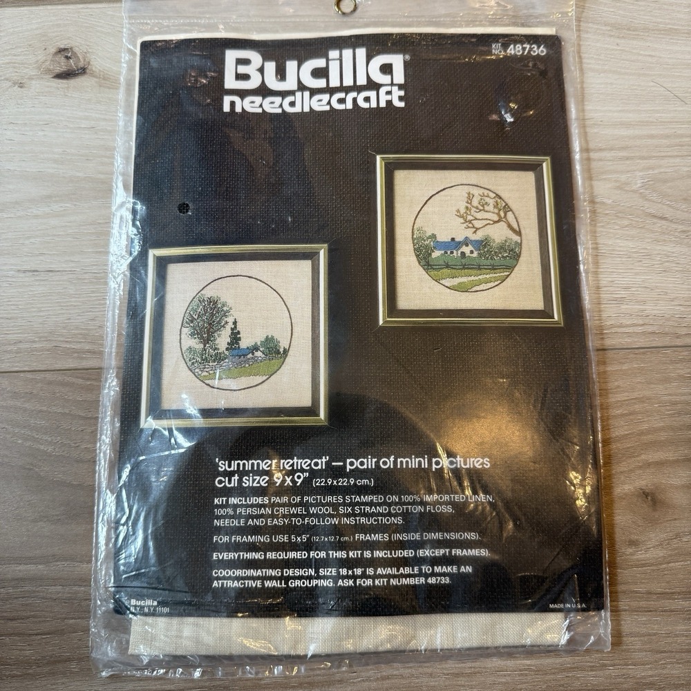 VTG Bucilla Needlecraft Crewel Kit #48736 "Summer Retreat" Wall Hanging‎ 2 Minis